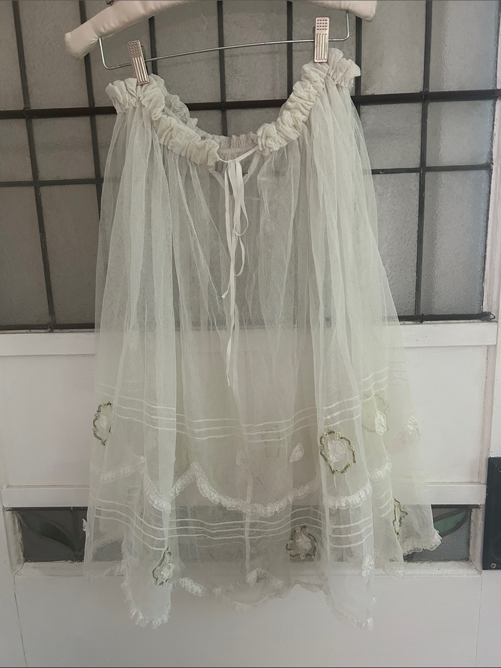 Antique Edwardian Ivory Net Tulle Circle Skirt with Floral Trim